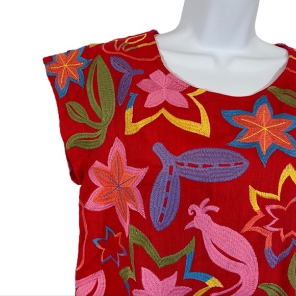 Andree Embroidered Floral Linen Blend Shift Dress M Red - Picture 9 of 11